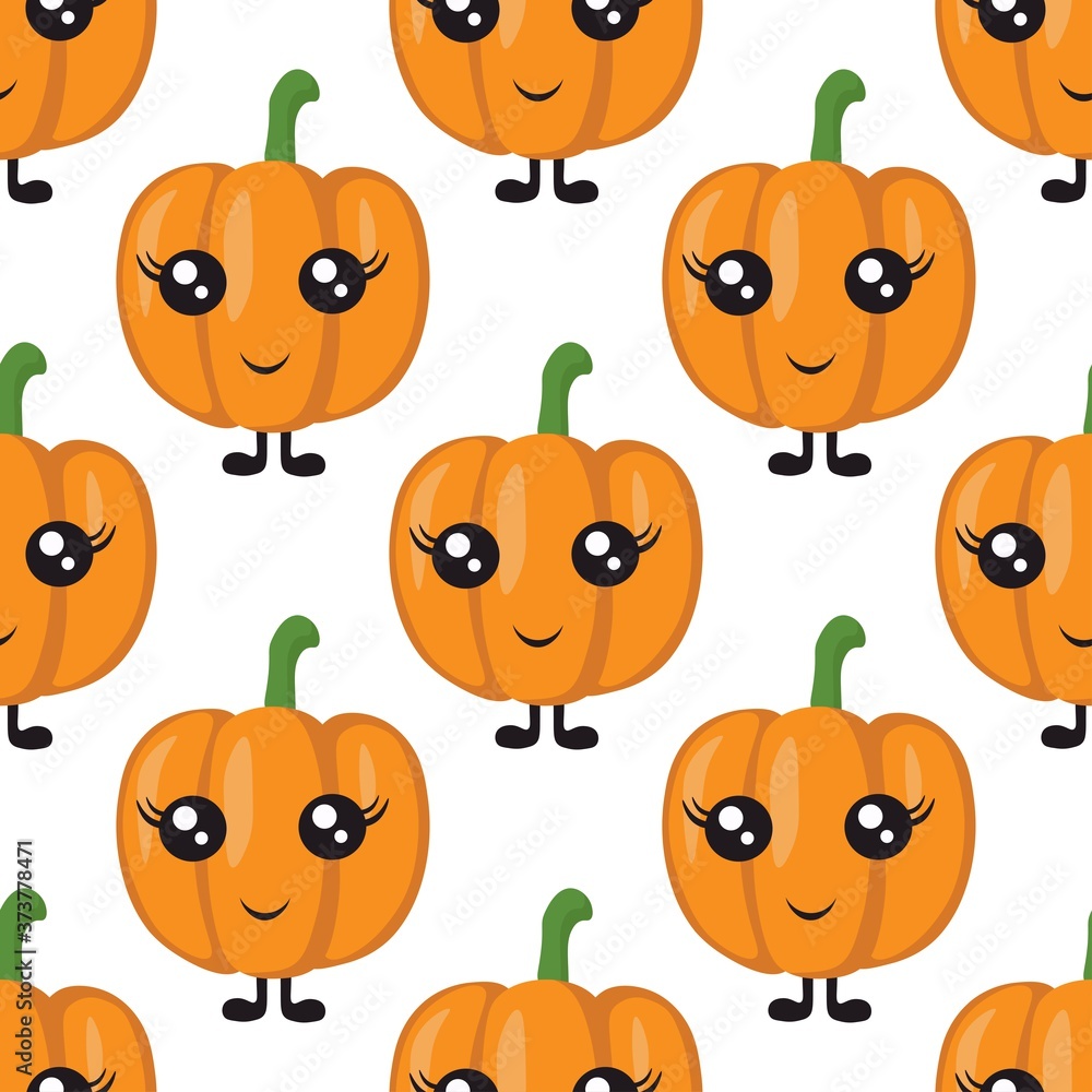 Seamless pattern with bright and cute pumpkins with eyes and legs on a white background. Print for bed linen and fabrics, wrapping paper and wallpaper.
Stock vector illustration for decoration