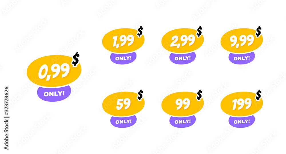 Set discount label. Sale 0.99 1.99 2.99 9.99 59 99 and 199 dollars only offer badge. Banner template for business, shops, advertising , discount, sale. Modern flat style vector illustration