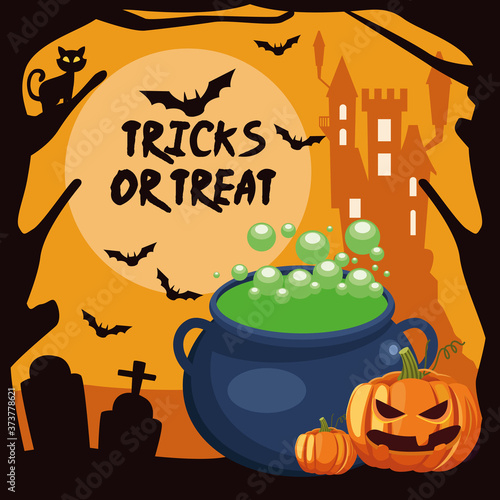 halloween tricks or treat lettering with cauldron witch