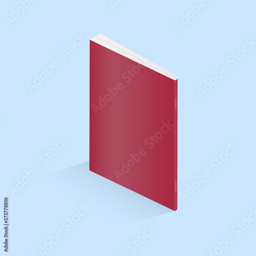 Vector illustration of a book or notepad. Paper notebook - saddle stitch. There are iron staples on the notepad. Red notepad on blue isolated background