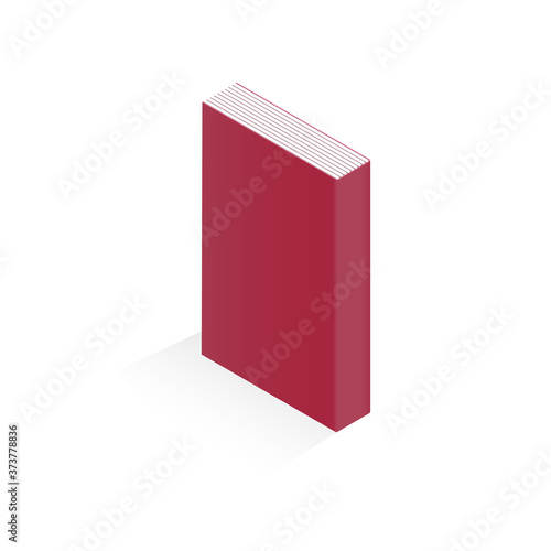 Vector illustration of a stitched paper book with a soft cover. Pages are grouped. Red book cover on white isolated background.