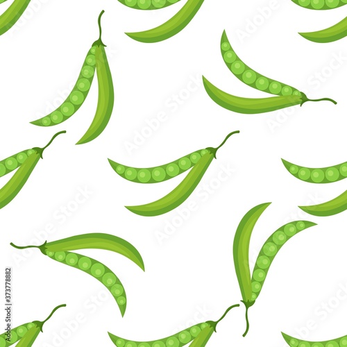 Seamless pattern with green peas in pods on a white background. Print for bed linen and fabrics, wrapping paper and wallpaper. Stock vector illustration for decoration and design.