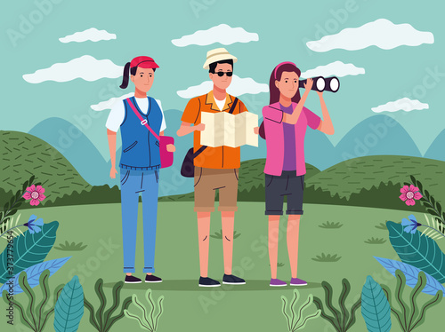 tourists people with papermap and binoculars on the landscape characters photo