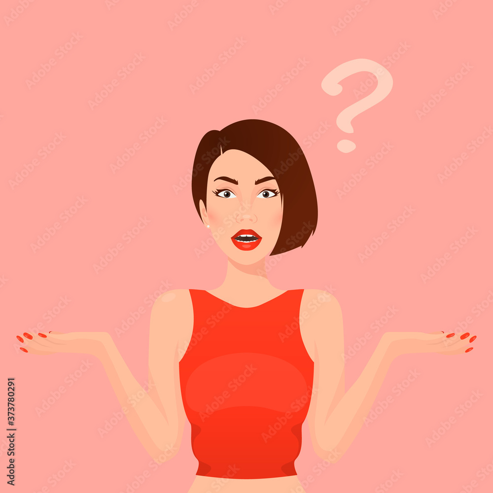 Pretty Brunette Confused Woman, Young Lady, Girl with Arms Outstretched. Make a Choice, Doesn t know to Do Concept. Question Mark. Vector Illustration. Portrait, Avatar. Front View Pretty Brunette Confused Woman, Young Lady, Girl with Arms Outstretched. Make a Choice, Doesn t know to Do Concept. Question Mark. Vector Illustration. Portrait, Avatar. Front View