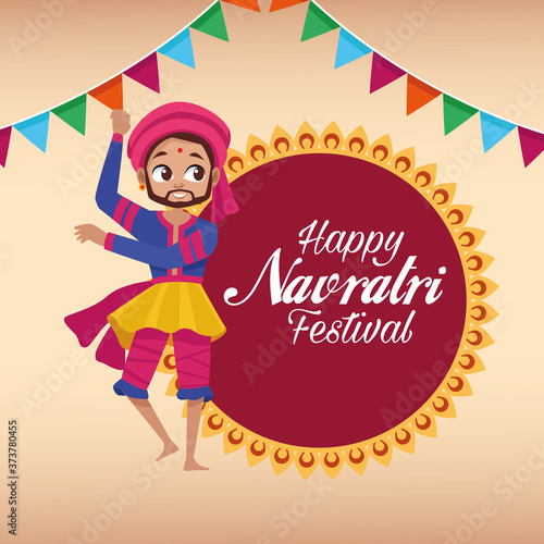 happy navratri celebration card lettering with man dancing