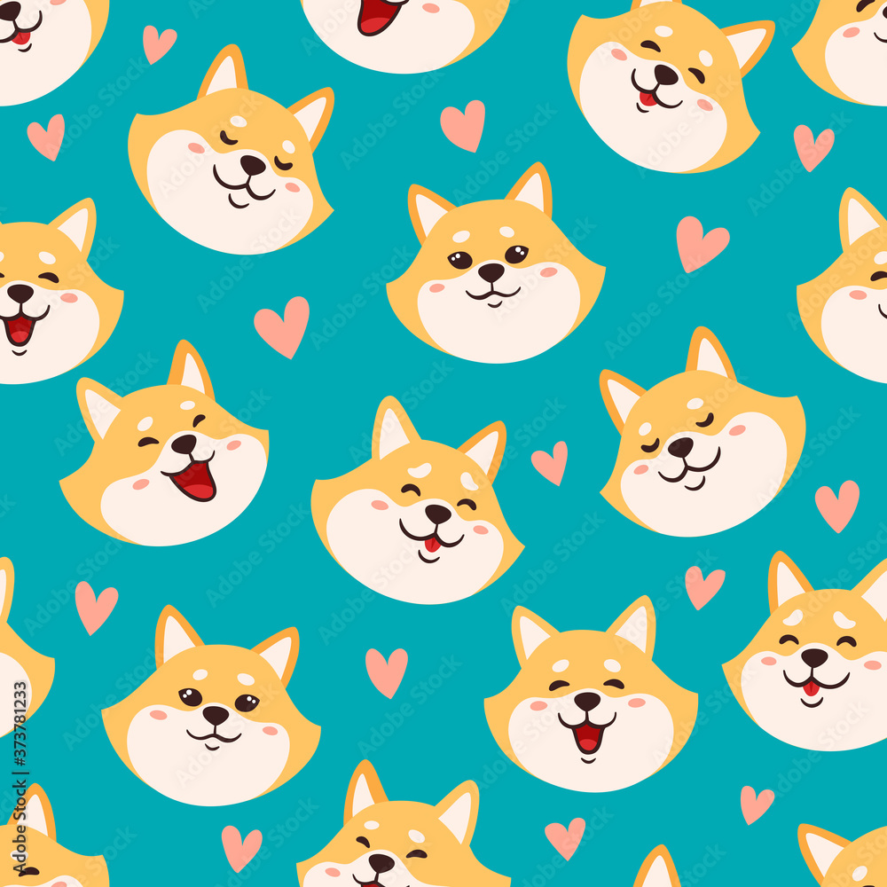Vector seamless pattern with shiba inu heads on blue backround
