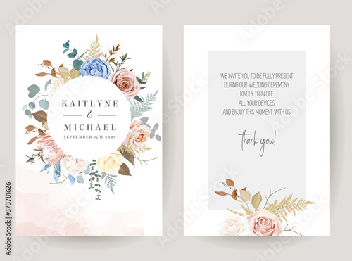 Desert dusty brown and yellow rose, beige peony, pastel pink protea, blue ranunculus