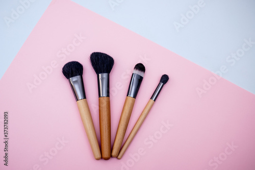 A set of professional brushes for makeup and face correction lies on a colored background with copy space for text