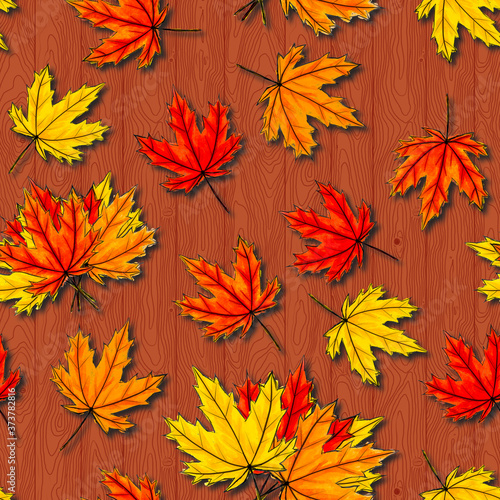 Maple leaves seamless pattern on brown wood background. Autumn foliage of deciduous tree lying on ligneous texture. Fall season orange red yellow leafage randomly placed with shadows. For tablecloth