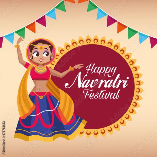 happy navratri celebration card lettering with woman dancing and garlands in lace