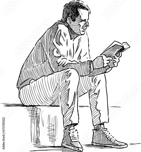 Freehand drawing of townsman sitting and reading book outdoors