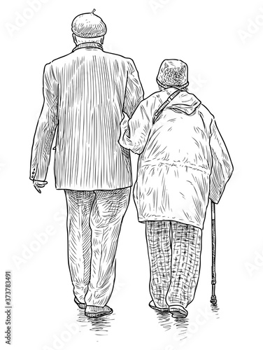 Sketch of couple old people walking together along street