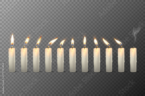 Vector 3d Realistic White Paraffin or Wax Burning Candles with Different Flame Icon Set Closeup Isolated on Transparent Background. Design Template, Clipart