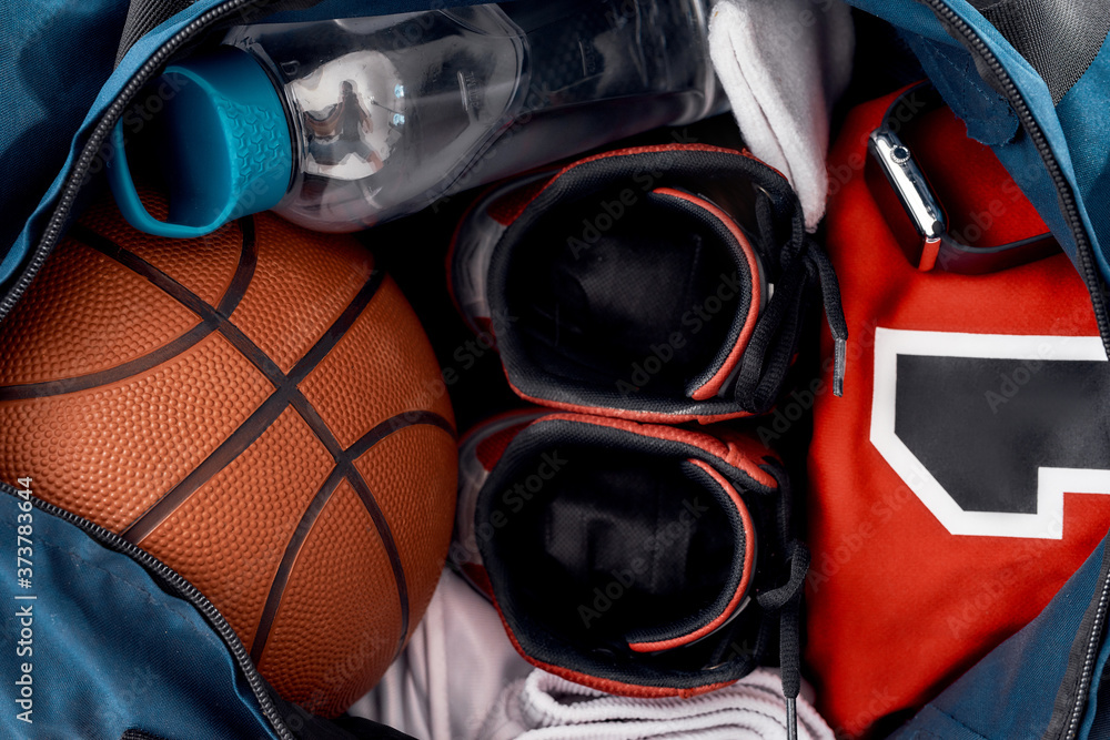 Basketball gear and equipment. Close up photo of a sports bag with
