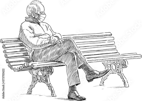Sketch of lonely old man in mask sitting in brooding on park bench