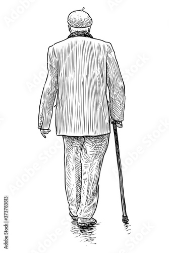 Sketch of senior man with stick walking down street