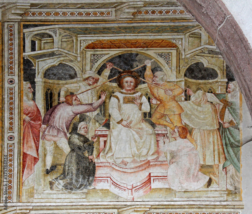 Cristo deriso dai soldati; affresco nella chiesa di San Cipriano a Sarentino (Bolzano)