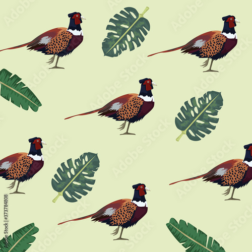 wild pheasants birds farm and leafs pattern