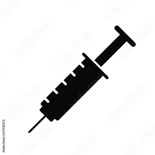 Syringe black icon isolated on white background, Medicine injection equipment symbol, Vector illustration. 