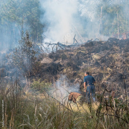 hombres controlando incendio forestal.

