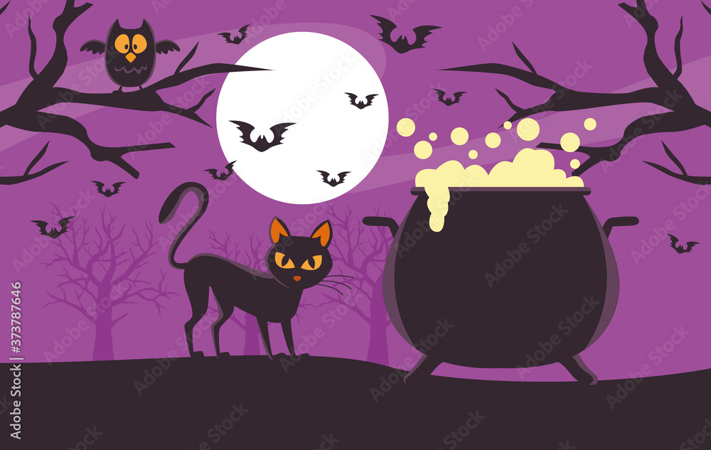 happy halloween card with witch cauldron and cat