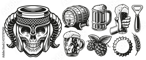 A set of vector illustrations for beer theme isolated on white background. Design elements for logotypes, posters, flyers, and many other uses.