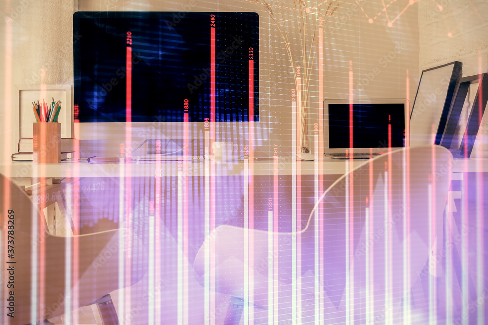 Double exposure of stock market graph drawing and office interior background. Concept of financial analysis. Double exposure of stock market graph drawing and office interior background. Concept of financial analysis.