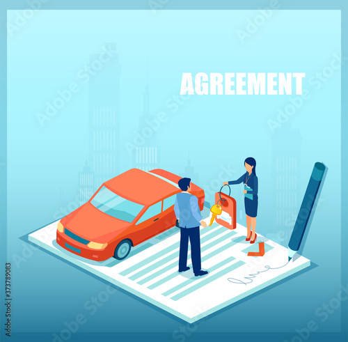 Vector of a sales woman handling car keys to a customer