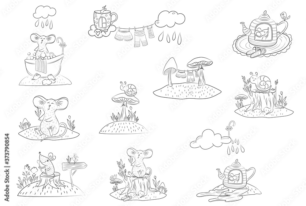 Cartoon vector mouse and snail coloring page. Fully editable. Cute nursery illustration on white background. Ready for print. Can be used for coloring book, sticker, poster, print, fabric, textile