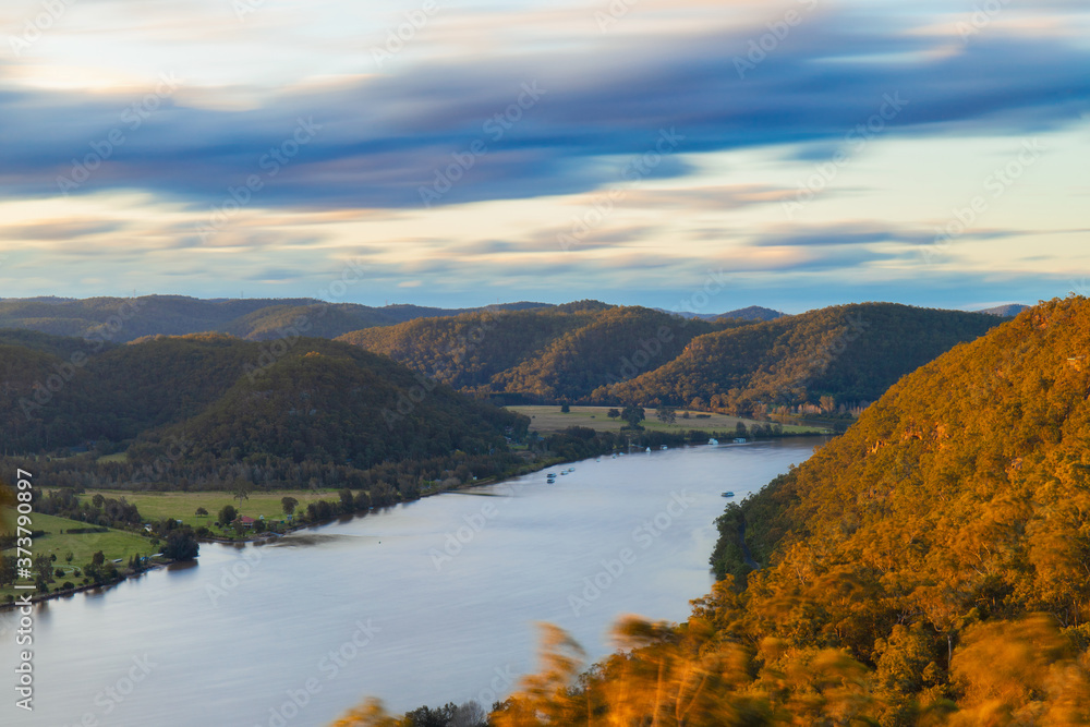 Cloudy sunset view from Hawkins lookout, Hawkesbury River, Sydney, Australia.