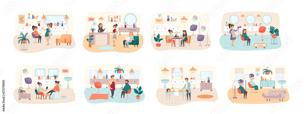 Beauty salon bundle of scenes with flat people characters. Barbershop conceptual situations. Manicure and pedicure, hairdressing, makeup, massage and cosmetology procedures cartoon vector illustration