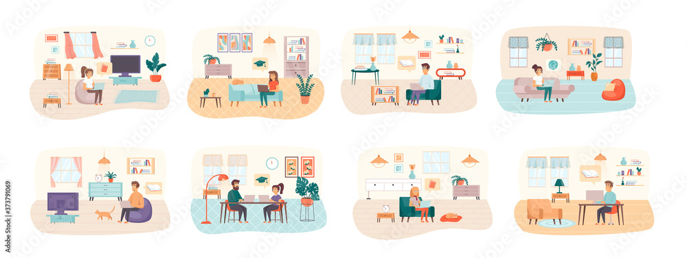 Online education bundle of scenes with people characters. Educational web seminar, internet classes conceptual situations. Student learning online at home with computer cartoon vector illustration.