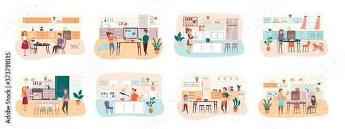 Cooking bundle of scenes with flat people characters. Happy people cooking on kitchen table at home conceptual situations. Family preparing food, delicious and healthy meal cartoon vector illustration