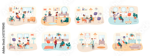 Fototapeta Naklejka Na Ścianę i Meble -  Beauty salon bundle of scenes with flat people characters. Barbershop conceptual situations. Manicure and pedicure, hairdressing, makeup, massage and cosmetology procedures cartoon vector illustration