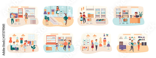 Shopping bundle of scenes with flat people characters. Weekend shopping in mall conceptual situations. Customers with purchases, family couple buy products and clothes cartoon vector illustration