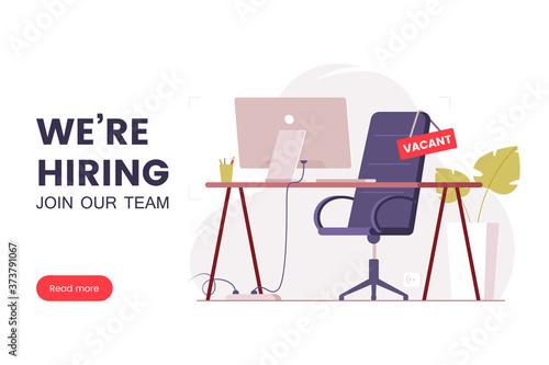 Job offer banner design. Workplace in the office with an empty chair and a vacancy sign. Search for employees in an IT company. Table with computer and chair. We're hiring poster. Vector illustration photo