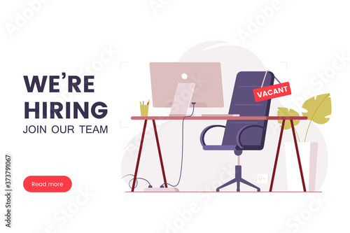Job offer banner design. Workplace in the office with an empty chair and a vacancy sign. Search for employees in an IT company. Table with computer and chair. We're hiring poster. Vector illustration