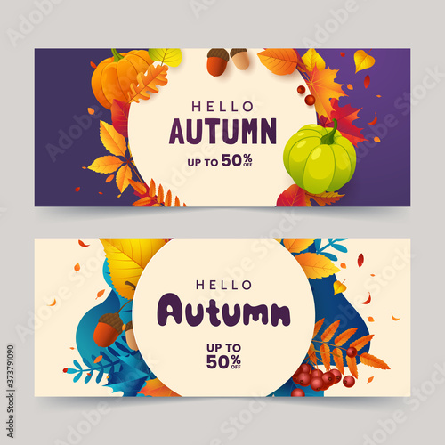 Autumn banner design with colorful background of fallen red-orange leaves, acorn, and ripe pumpkin. Promo sale poster with autumn frame. Vector illustration
