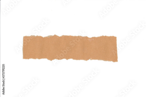 Brown note paper torn of rectangle isolated on white background.