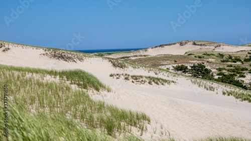 Dune grass dots the side of this wind-swept sand dune as the Atlantic Ocean glistens along the horizon.