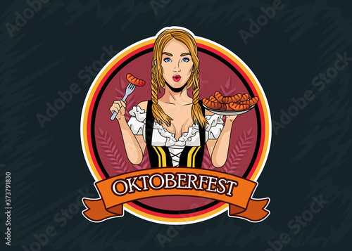 happy oktoberfest celebration card with beautiful woman eating sausages