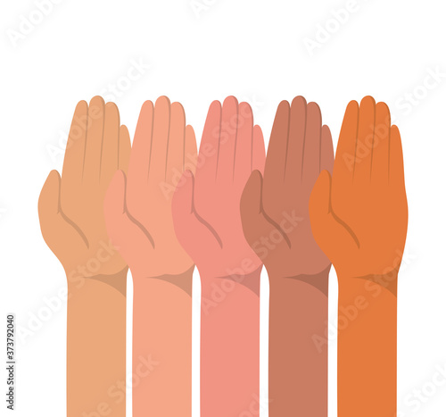 up hands with closed palm of different types of skins design, diversity people multiethnic race and community theme Vector illustration
