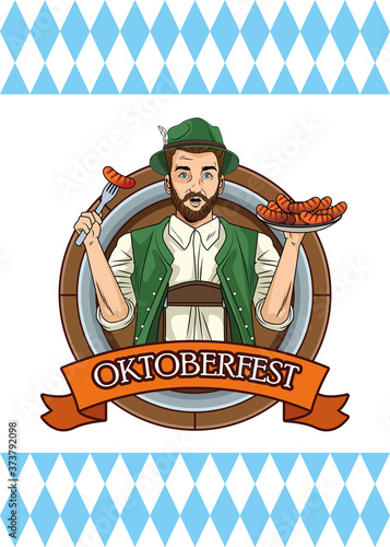 happy oktoberfest card with german man eating sausages