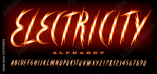 Electric alphabet; a zig zag lightning bolt font in warm bright colors.