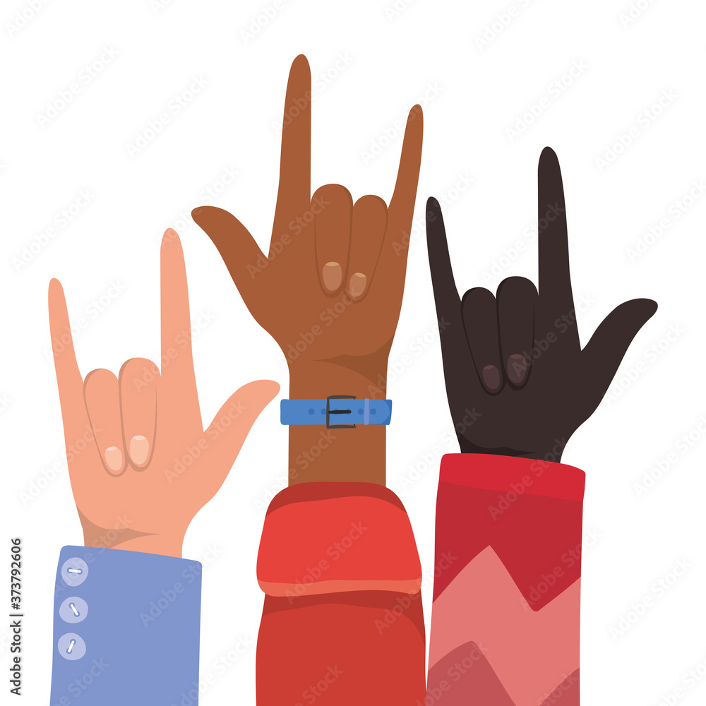 rock sign with hands of different types of skins design, diversity people multiethnic race and community theme Vector illustration
