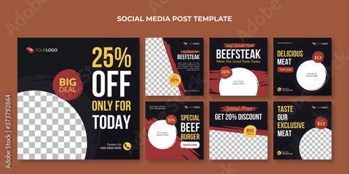 Beef steak social media post template. Food banner for restaurant and cafe