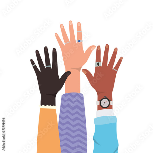 open hands up of different types of skins design, diversity people multiethnic race and community theme Vector illustration