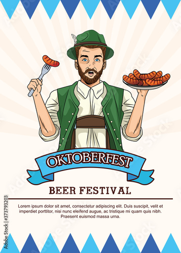 happy oktoberfest celebration card with german man eating sausages