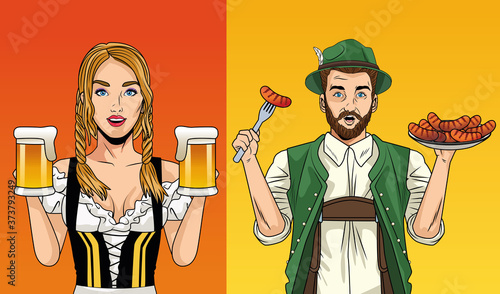 oktoberfest celebration card with german couple lifting beers and sausages