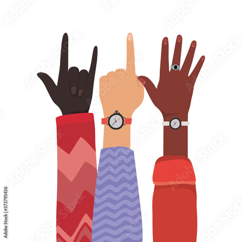 numer one rock sign and open hands up of different types of skins design, diversity people multiethnic race and community theme Vector illustration